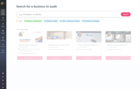 The Insites 'Find a Business' search screen, showing a search bar with the placeholder 'e.g. Plumbers in Berlin' and a grid of recent audits below