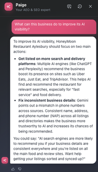 The Paige Agent answering a question about how a restaurant can improve its AI visibility, with two recommended actions and a suggested line to say to the client
