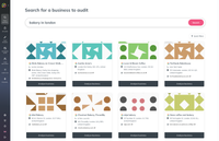 Insites search results for 'bakery in london', showing a grid of businesses each with an 'Analyse Business' button