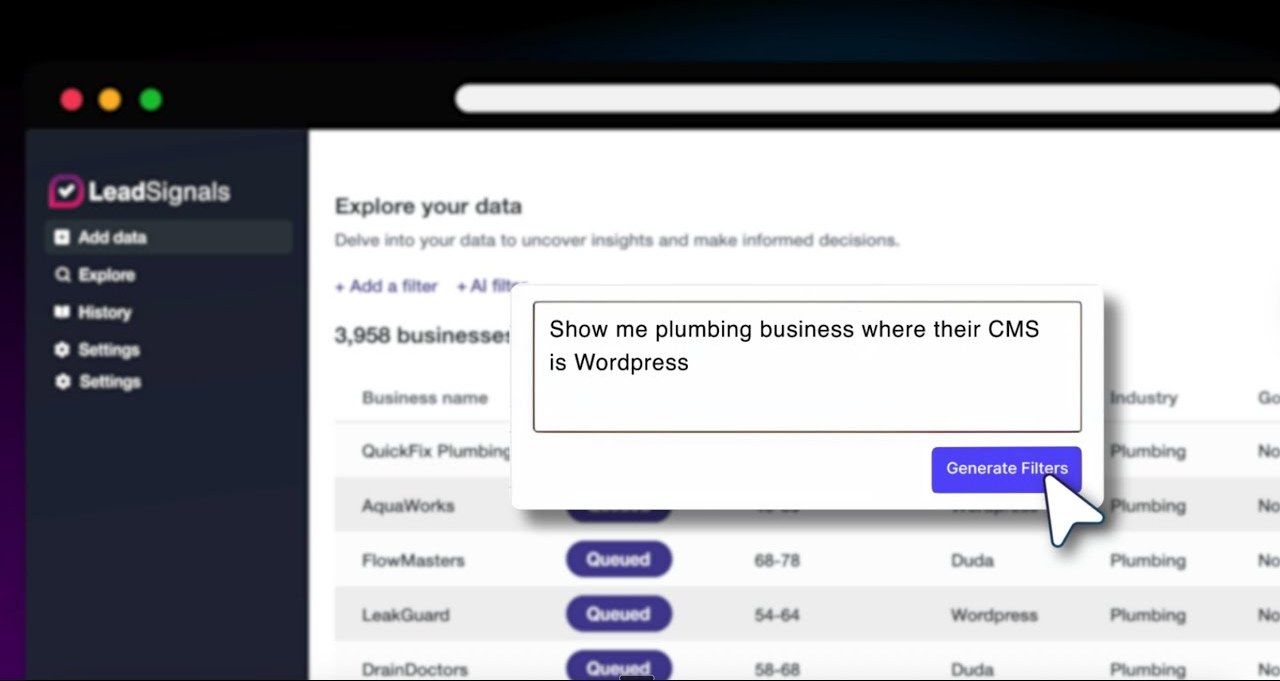 Video walkthrough of Lead Signals, showing a list of enriched SMB records being filtered down to a shortlist of prospects
