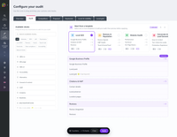 Choosing an audit template - start from a pre-built AI Visibility, Local SEO, Reviews & Reputation, Website Health, or Conversion & Lead Generation bundle, with the option to combine several