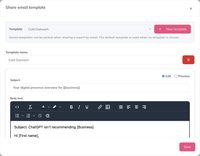 The Share email template screen, with a saved Cold Outreach template selected, a New template button, and the template's subject and body text