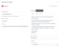 Sharing an audit by email, with the Cold Outreach template chosen from the saved templates list