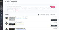 The redesigned Search your audits dashboard, with the search bar, score bands, industry and location filters, active filter chips, and the list of matching audits