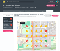 Screenshot from Insites Local Grid showing customer locations for JB Plumbing and Heating, marked by colour-coded pins to represent the ranking position in each area.