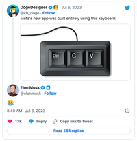 A picture of a keyboard and a tweet from Elon Musk with a laughing emoji.