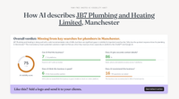 A finished AI Visibility report with an overall verdict, a 75 out of 100 visibility score, and results for whether AI can find, rates, and recommends the business