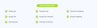 A list of the ads related checks in Insites, including Facebook ads, Google Ads readiness, retargeting pixel detection and Paid search detection
