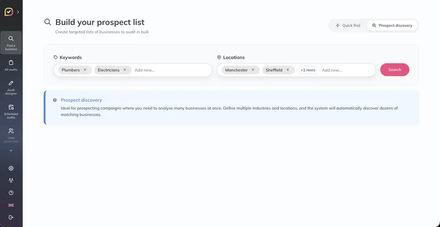 Running a multi-industry, multi-location Prospect Discovery search and scrolling through the results